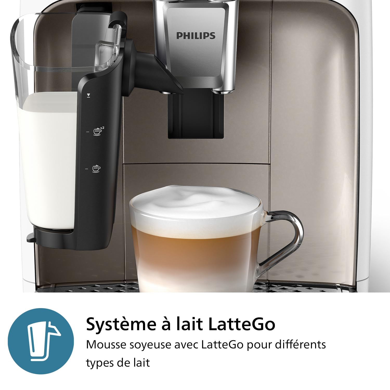 PHILIPS Expresso broyeur Série 2300-4 Boissons, Écran tactile coloré, Carafe LatteGo, 40% plus silencieux grâce à SilentBrew, Broyeur 100% Céramique, Machine à café à grain Blanc Chromé (EP2333/40)