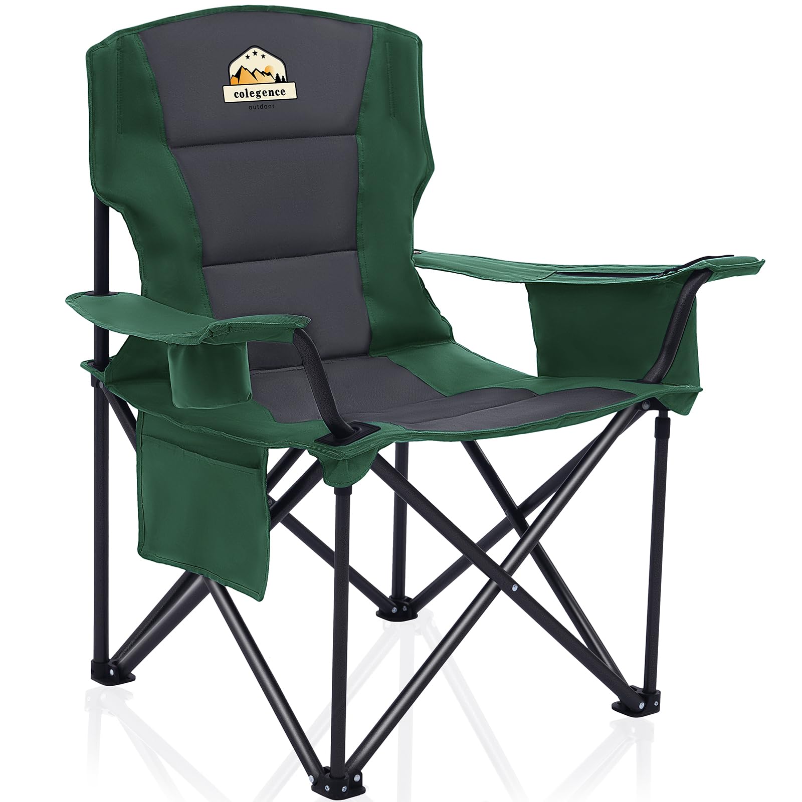 Oversized Folding Camping Chairs - 450 LBS Support Heavy Duty Camp Chair with Padded Cushion, Portable Outside Chairs with Carry Bag，Cooler, Cup Holder for Outdoor, Lawn, Sports - Green