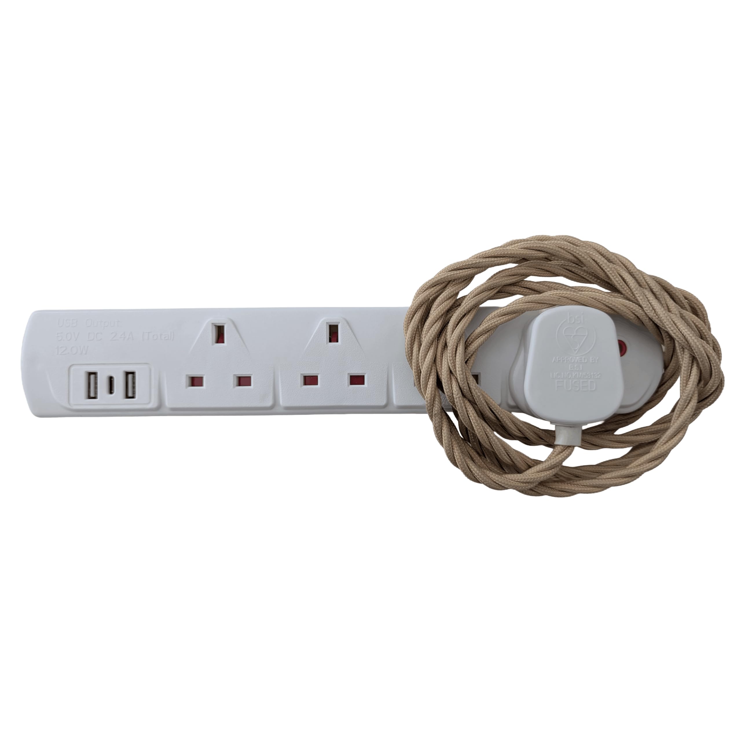 Vintage Electric Extension Leads, 13 amp rated Power Strips with 4 Way Outlets, 4 Socket Extension Cable with 2M Braided Fabric Twisted Cord for Home Office (Victorian Vanilla (White Plug))