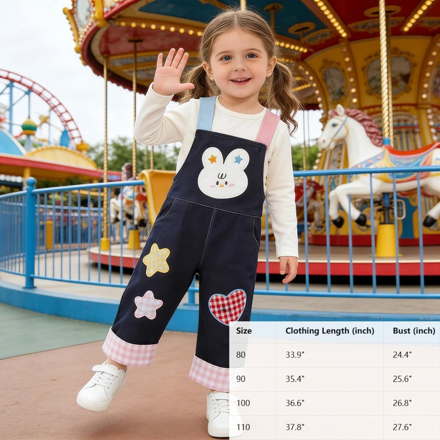 Girls Denim Overalls – Rabbit Embroidery with Heart and Star Details for Birthday Parties, Playtime & Everyday Wear