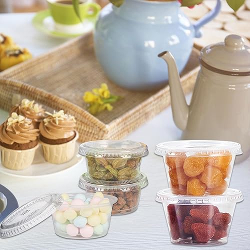 Miniatura 4 de 500 juegos de vasos de plástico desechables de 2 onzas | Vasos de gelatina con tapa, tazas de plástico para soufflé | Tazas de salsa con tapas a