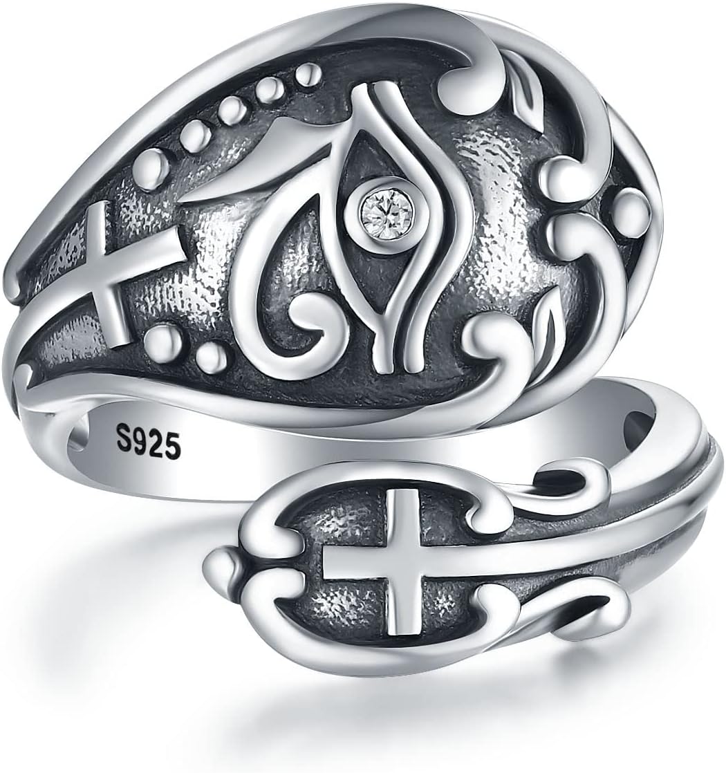925 Sterling Silver Spoon Ring Adjustable Victorian Vintage Eye of Horus Spoon Thumb Ring Turquoise Cow Skill Aztec Calendar Sign Wolf Head Spoon Ring Spiritual Protection Jewelry Gift for Women