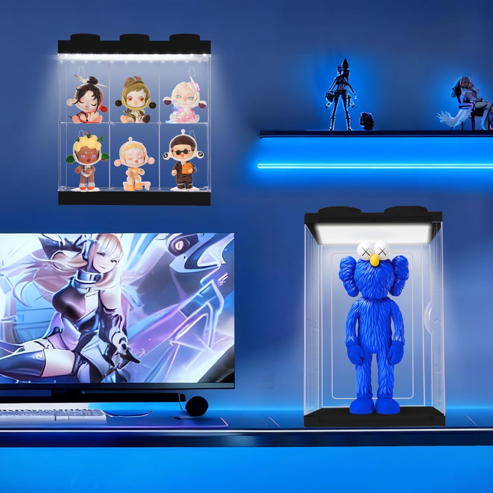 Vitrina transparente con luz para coleccionables, cajas acrílicas transparentes para exhibir figuras de acción, muñecas, trofeos iluminados, caja de almacenamiento a prueba de polvo (negro, 6