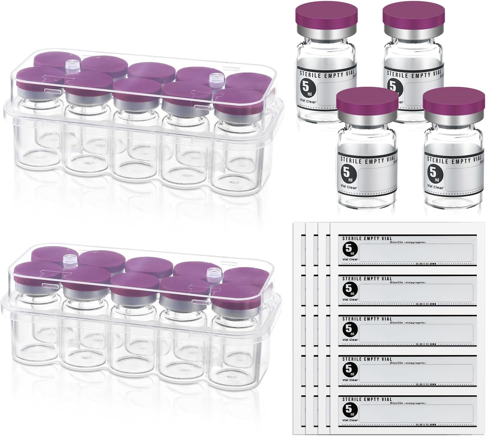 Threlaco 20 Sealed Sterile Empty Vials with Self Healing Injection Port Glass Penicillin Bottle with 20 Label Stickers (Purple,5ml)