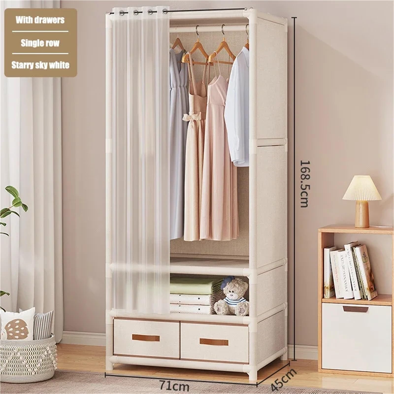 Leinwand-Kleiderschrank Haushalt Schlafzimmer Kleiderschrank Tragbare Montage Lagerung Schrank Große Kapazität Leinwand Einfache(Single with Drawers)