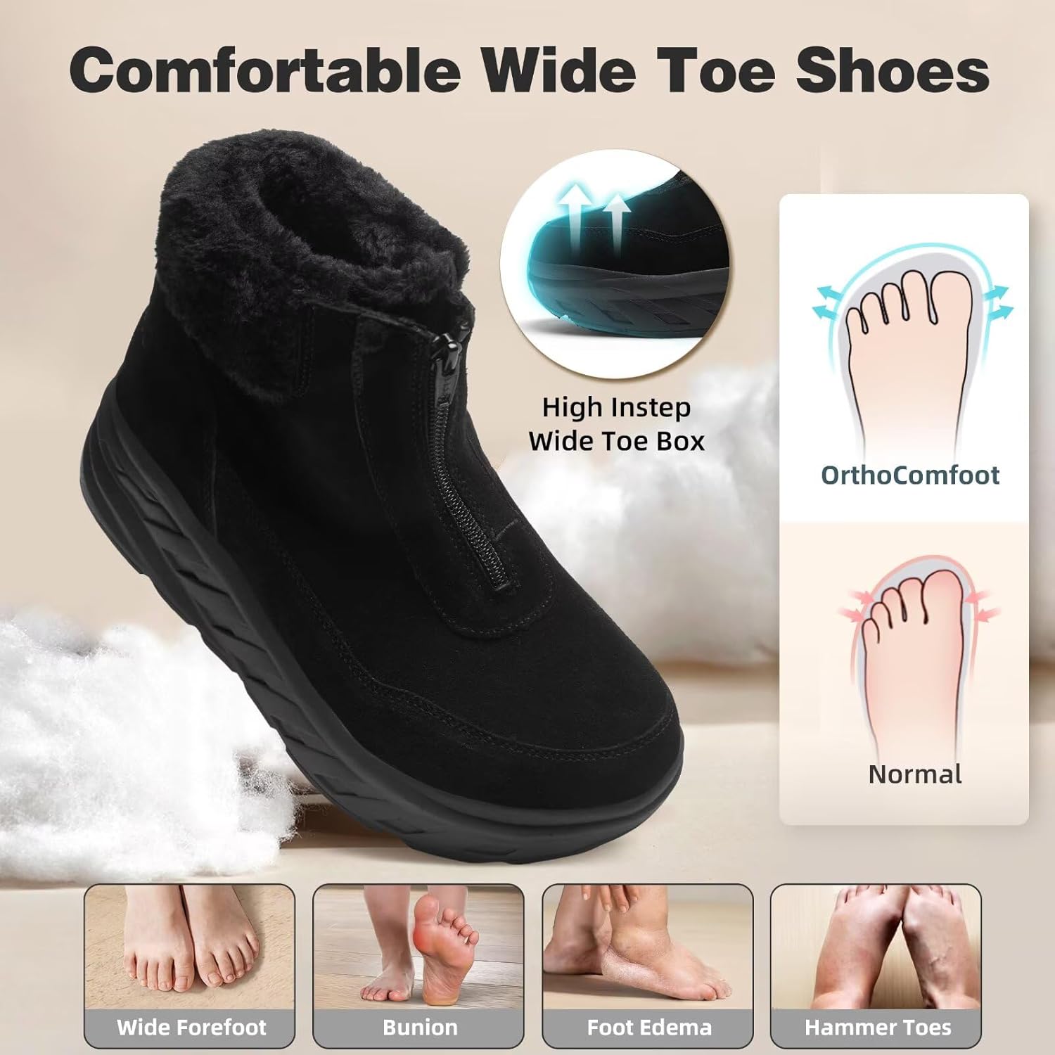 Women's Orthopedic Diabetic Wide Winter Ankle Boots: Comfortable Arch Support Plantar Fasciitis Warm Mid Snow Boots, Orthotic Casual Leather Dress Oxofrds Walking Shoes for Foot and Heel Pain - Image 2