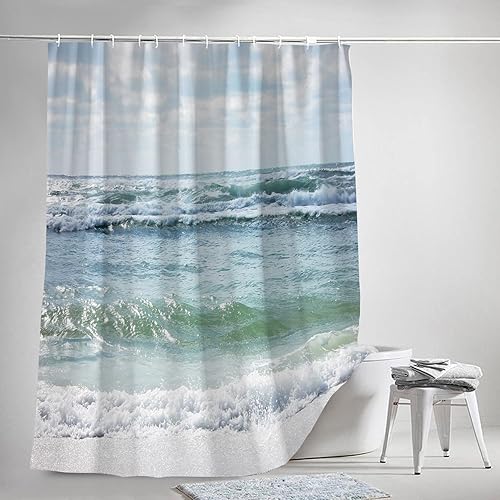 Miniatura 2 de Wathon Cortinas de ducha de tela azul y blanco con océano, decoración náutica, olas marinas con temática de playa, cortinas de baño, juego de