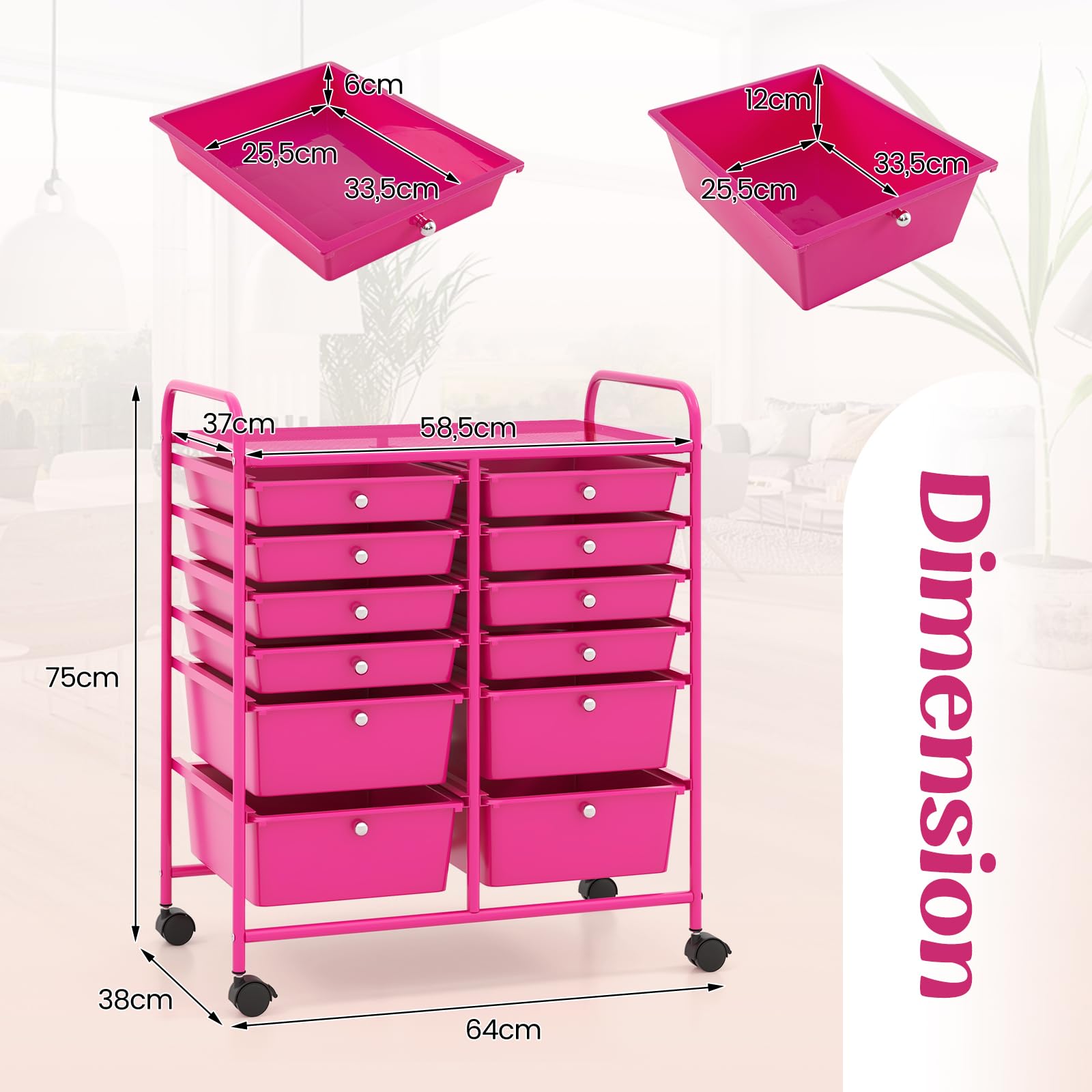 GOPLUS Chariot de Rangement 12 Tiroirs, Tour de Rangement à roulettes, Cadre en Acier, pour Chambre, Bureau, 64 x 38 x 75 CM (Rose) (Rose)