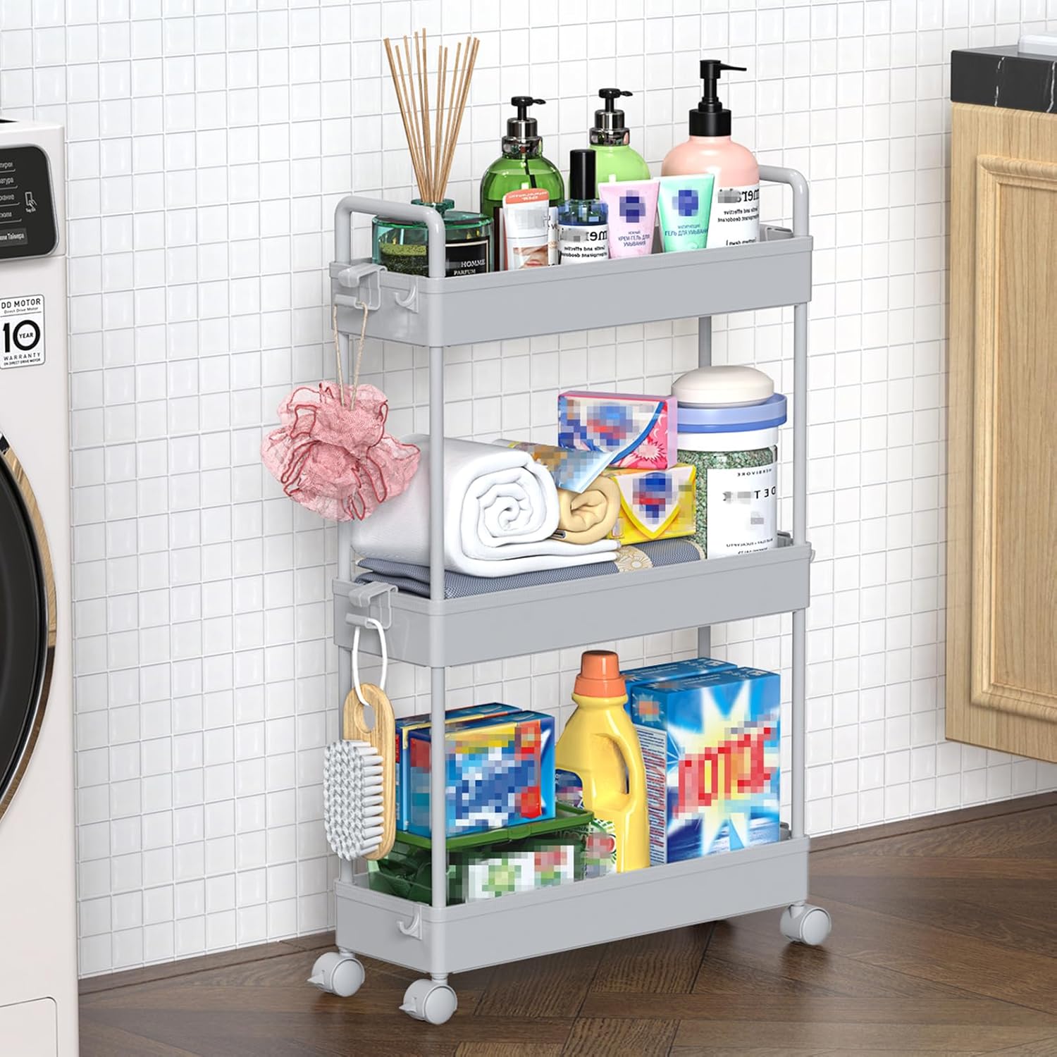 SOLEJAZZ Slim Rolling Storage Cart with Wheels 3 Tier Skinny Bathroom Storage Organizer Thin Laundry Room Utility Cart Space-Saving for Bedside Kitchen Office Small Narrow Places, Gray