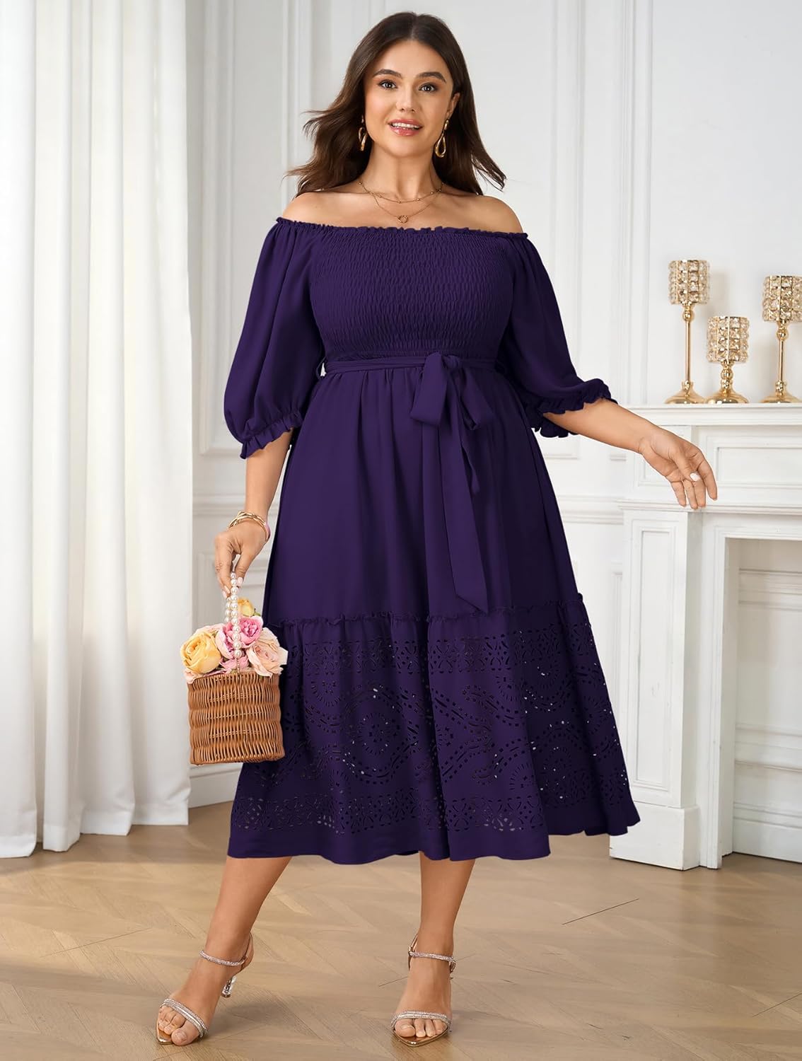 Women's Plus Size Wedding Guest Dress 3/4 Sleeve Square Neck Smocked Empire Waist Tie Boho Eyelet Maxi Long Dresses - Image 3