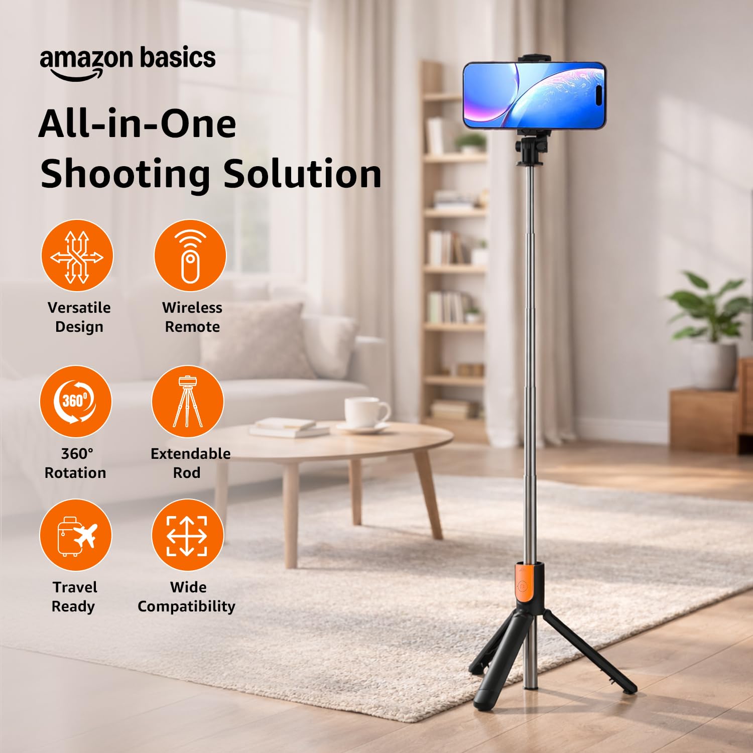 amazon basics Bluetooth-Enabled Extendable Selfie Stick/Tripod with Wireless Remote, 360-Degree Adjustable, Compatible with iPhone and Android Smart Phones (Black)