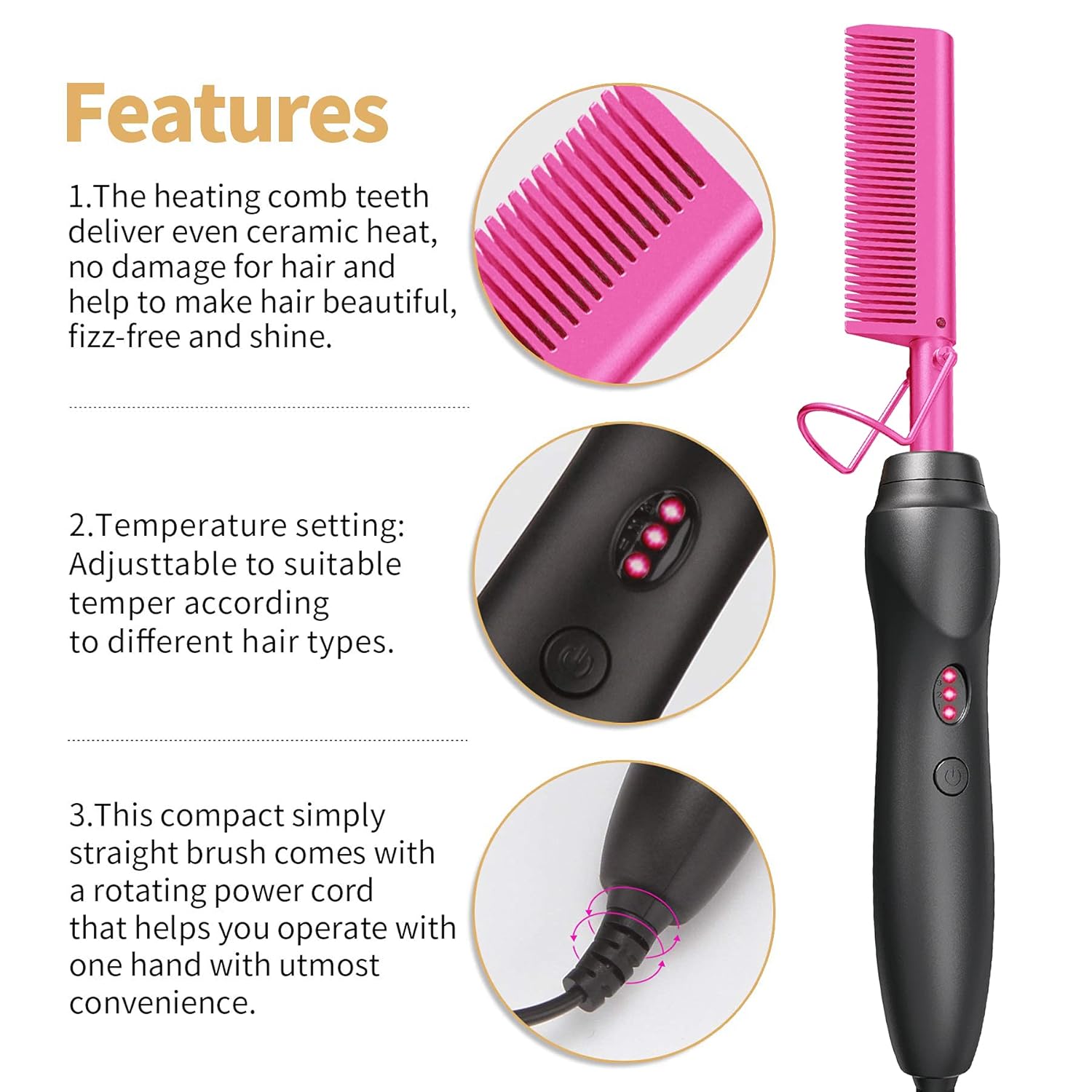 Hot Comb Hair Straightener Pressing Combs - Ceramic Electric Straightening Comb for Natural Black Beard Wigs Holiday Gift- Pink - Image 3