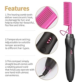 Hot Comb Hair Straightener Pressing Combs - Ceramic Electric Straightening Comb for Natural Black Beard Wigs Holiday Gift- Pink