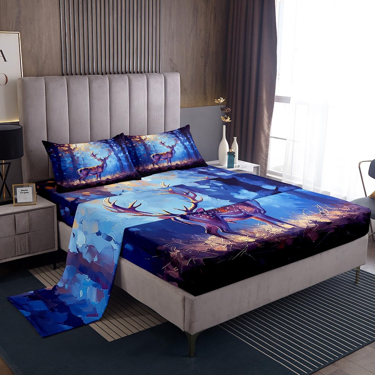 Homemissing Deer Bed Sheet Set Double Size For Kids Boys Girls Teens Wild Animal Bedding Set Deer Hunting Sheet with Deep Pocket Fitted Sheet+2 Pillowcases Natural Woodland Scene Antlers Sheet Set โ image 1