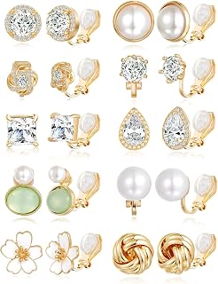 Tornito 10-15 Pairs Clip on Stud Earrings Non Pierced Teardrop Round Square CZ Pearl Twist Knot Flower Butterfly Heart Star Rainbow Cat Opal Clip on Earrings for Women
