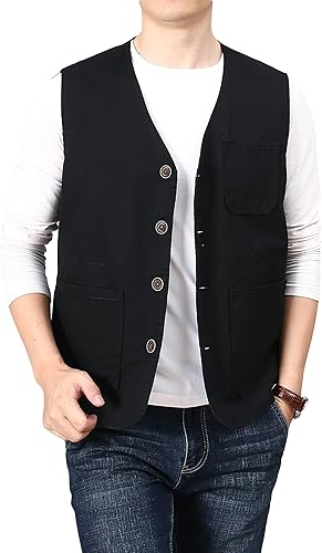 Vista 6 de PRIJOUHE Chaleco casual de algodón para hombre, ligero, transpirable, con múltiples bolsillos, para pesca, safari, viajes, para exteriores