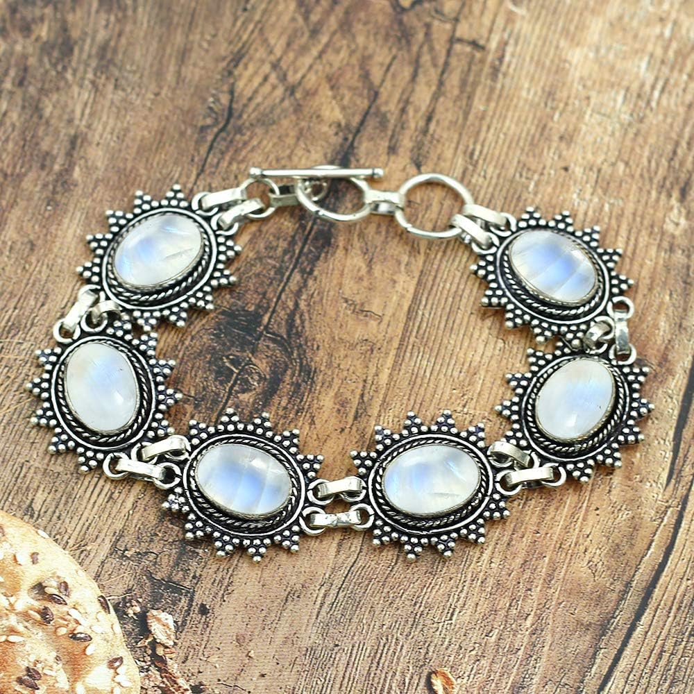 Natural Oval Gemstones 925 Silver Plated Statement Handmade Link Bracelets for Women - Birthstone Bohemina Vintage Style Adjustable Bracelet - Wedding Christmas Valentine Day Gifts for Her