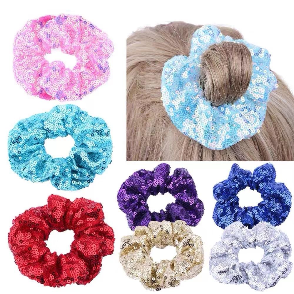 12 Pcs Bling Mermaid Sequins Dance Scrunchies Cheer Scales Hair Scrunchies For Thick Hair School Performance Scrunchy Sports Ponytail Holder Wrist for Girls Cosplay Show (Pink)