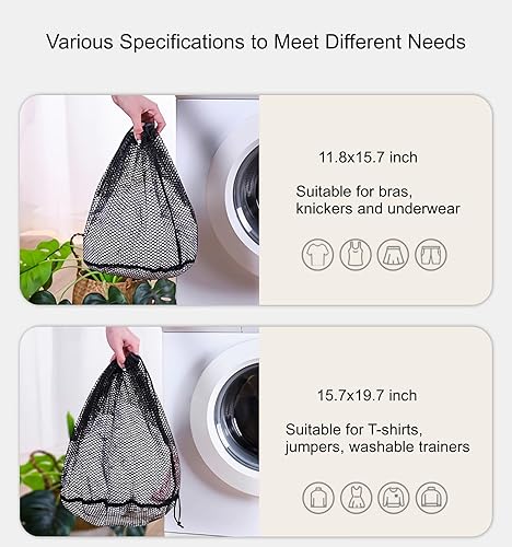 Miniatura 4 de Bolsas de malla para lavandería, paquete de 5 bolsas de lavandería resistentes con cordón, bolsa de lavandería negra duradera para ropa delicada,