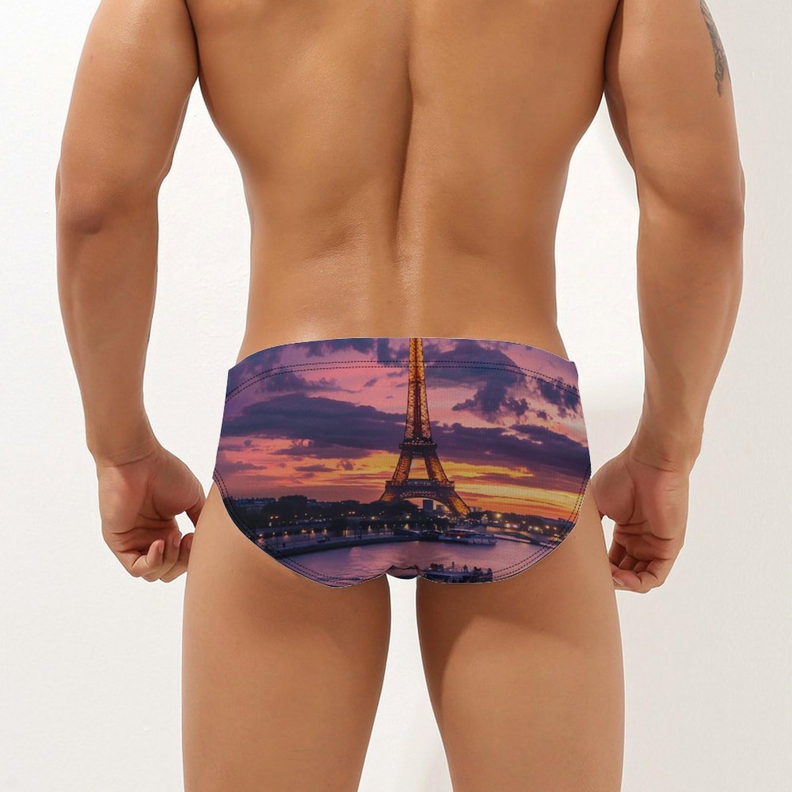 France Evening Paris Clouds Eiffel Tower Mens Swim Briefs Bikini Swimwear Print Beach Shorts Sexy Swimsuit 2XL