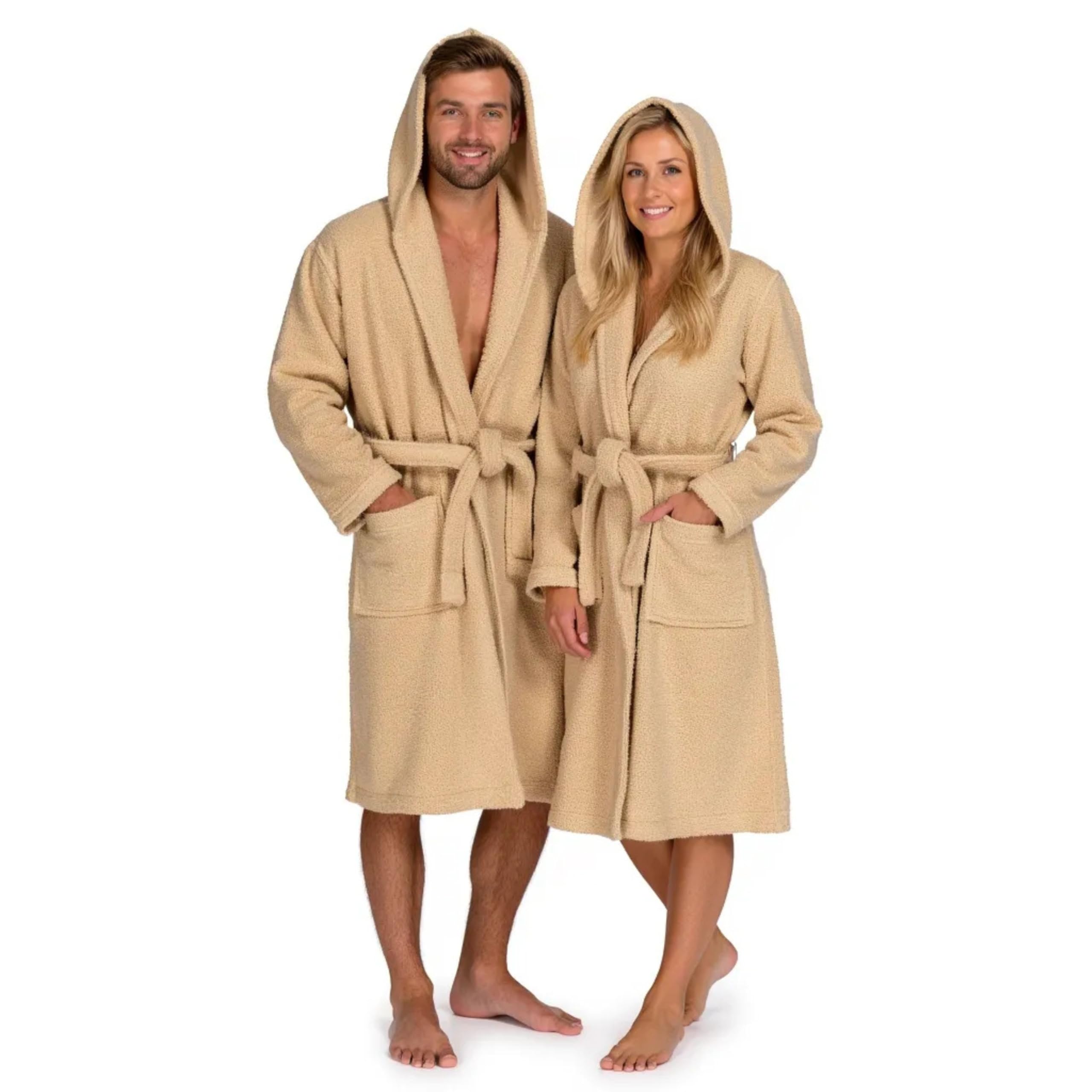 BOSKIMO Unisex Hooded Bathrobe 100% Oeko-Tex Cotton - Robe for Men and Women - American Terry 420gsm - Soft and Highly Absorbent, sand, XXL