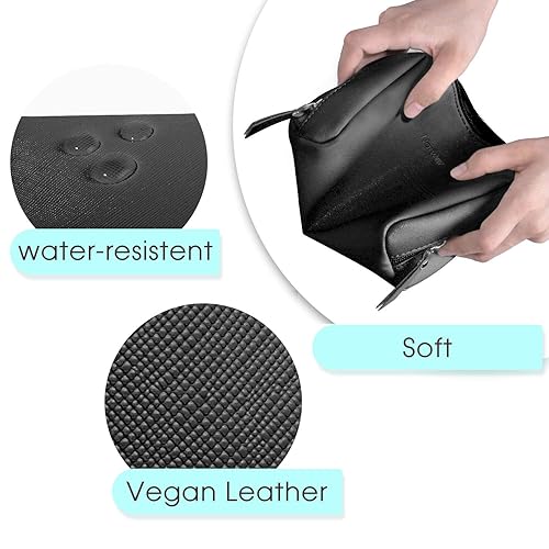 Miniatura 5 de Narwey Bolsa grande de maquillaje de cuero vegano con cremallera, organizador de cosméticos de viaje para mujeres (grande, WX-negro)