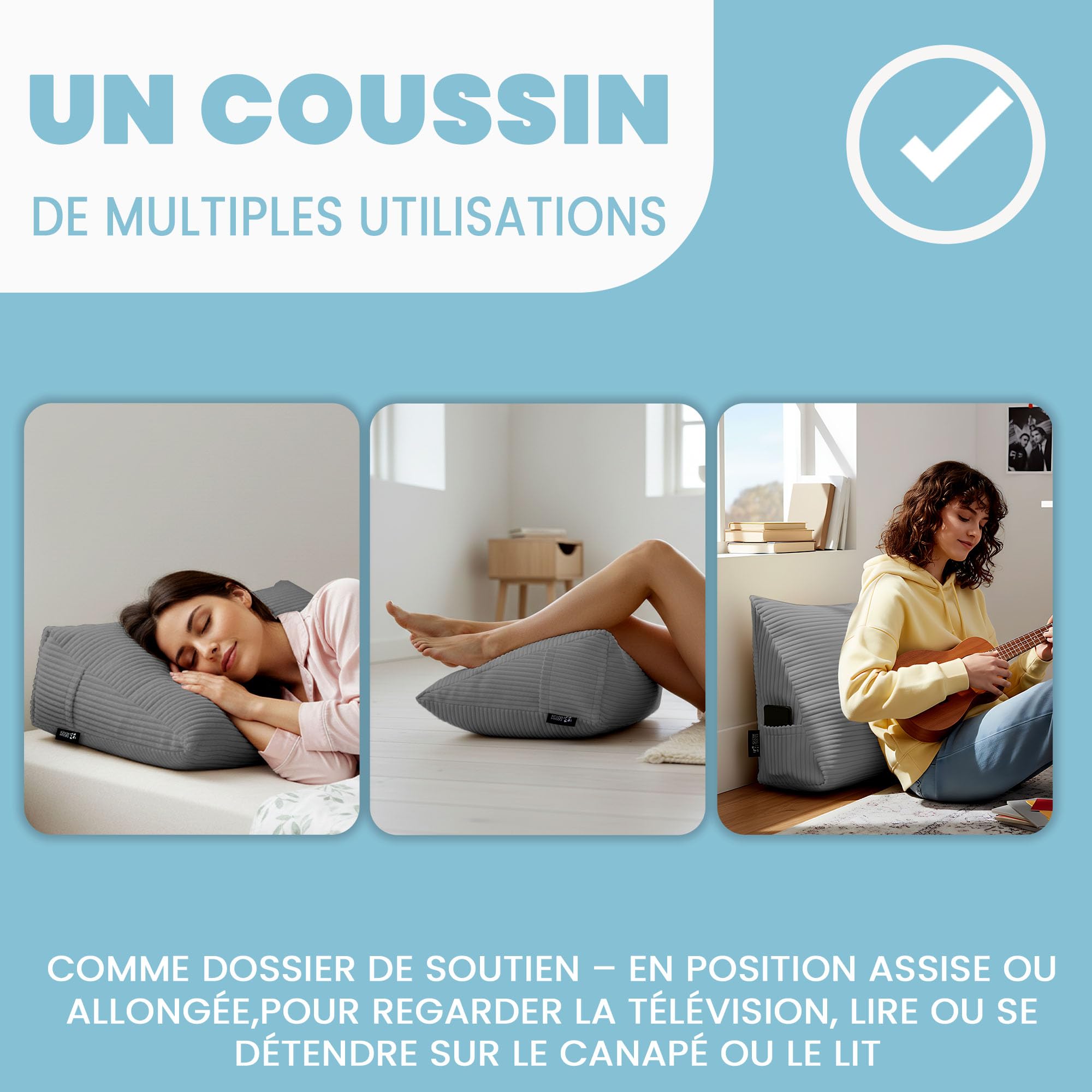 DreamRoots Coussin Dossier Triangulaire Lecture, Tête de Lit, Gris Foncé | Coussin d'appui mural, soutien dorsal, dossier canapé & lit, 70x40x20 cm, velours côtelé, déhoussable lavable, poche