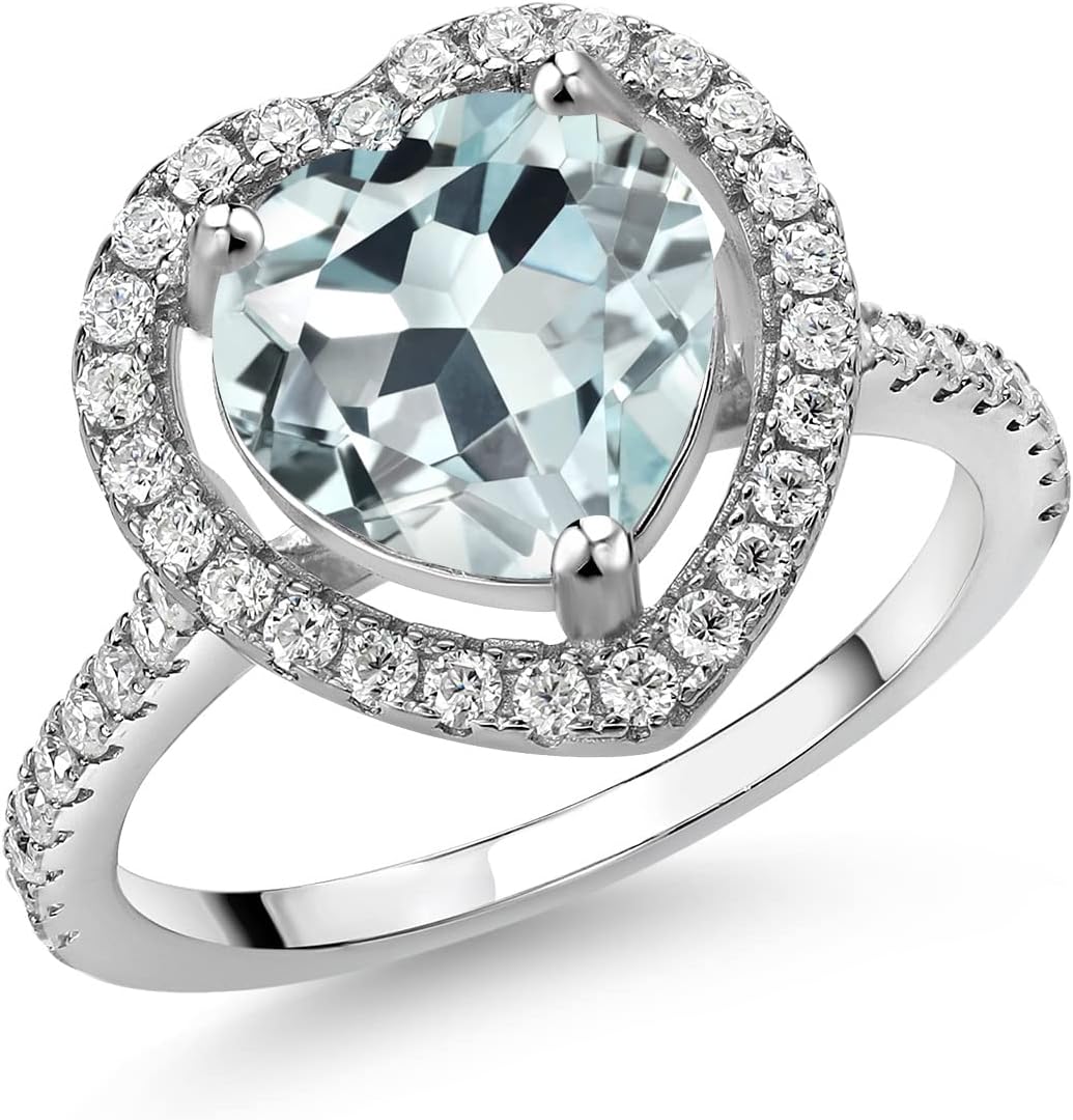 Gem Stone King 10MM Heart Shape Gemstone Birthstone and Moissanite Halo Engagement Ring for Women | 925 Sterling Silver | Wedding Anniversary Promise Ring | Size 5-9