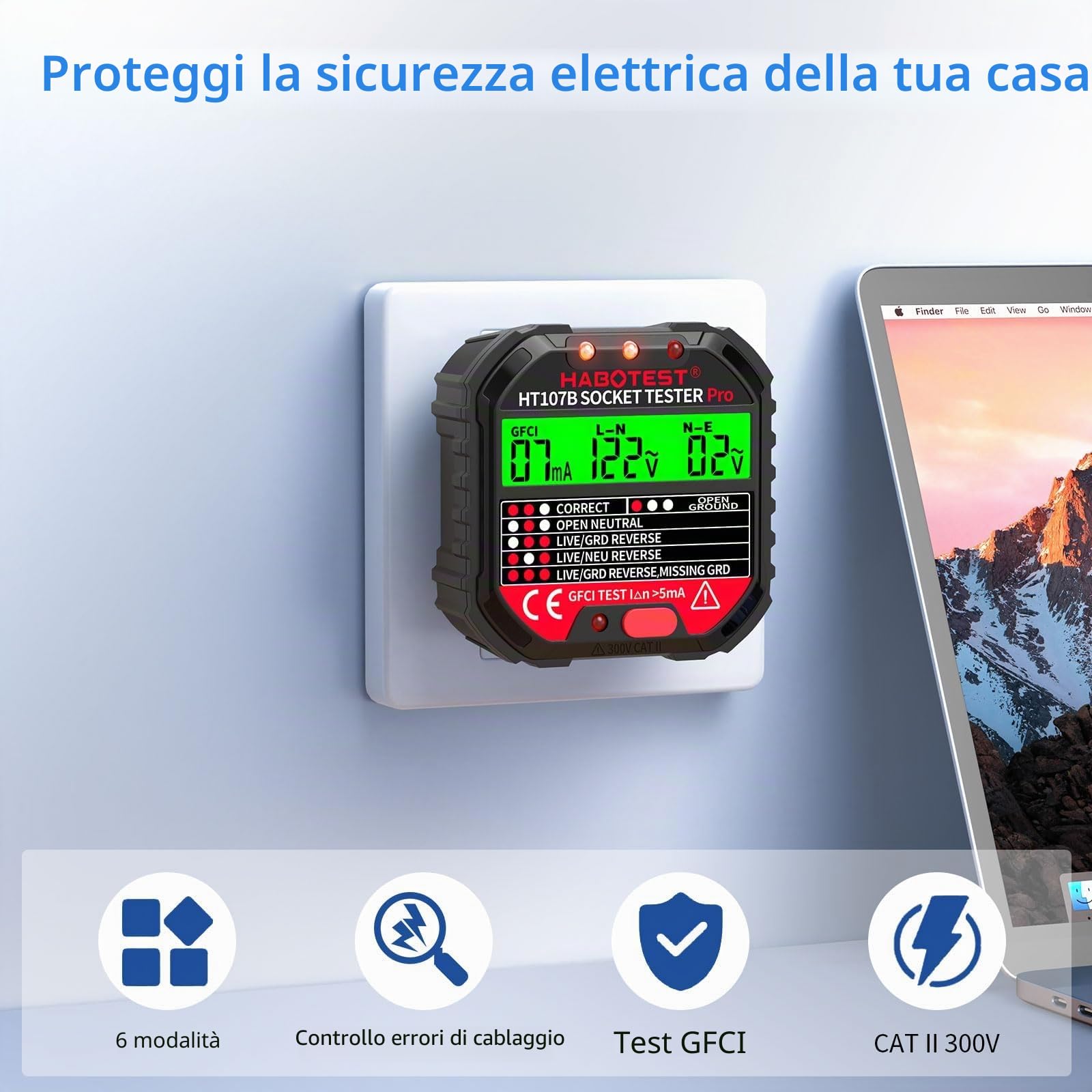 Tester per Circuiti Elettrici con Test RCD e Display LCD,6 Tipi di Diagnosi di Errore,Tester Prese Elettriche,Rilevatore di Tensione,Tester de Prese,Rilevatore Cavi Elettrici,CAT II 300V