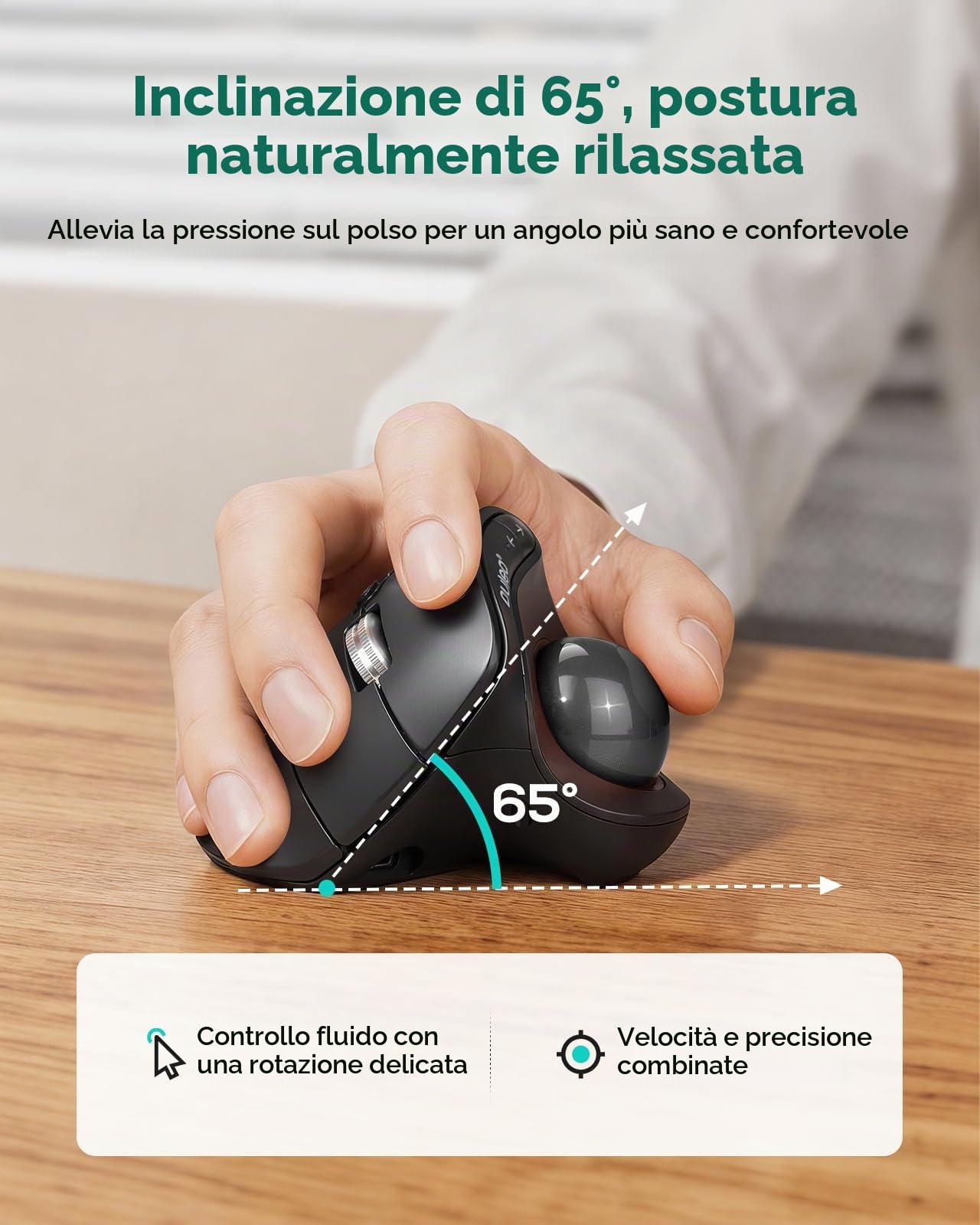 Nulea M514 Mouse Trackball verticale, mouse ergonomico senza fili con controllo del pollice con clic silenziosi, scorrimento ultra veloce, connessione a 3 dispositivi (Bluetooth e ricevitore USB