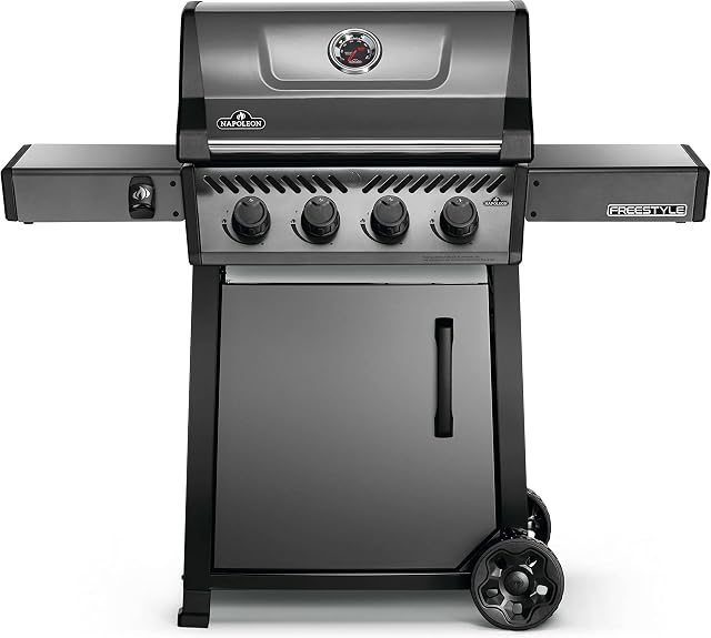 Napoleon Freestyle 425 Gaz propane BBQ Grille - F425DPGT - Cartouche de barbecue, avec 4 Brûleurs, étagères latérales pliantes, allumage instantané sans danger, grilles de cuisson en fonte recouverte de porcelaine