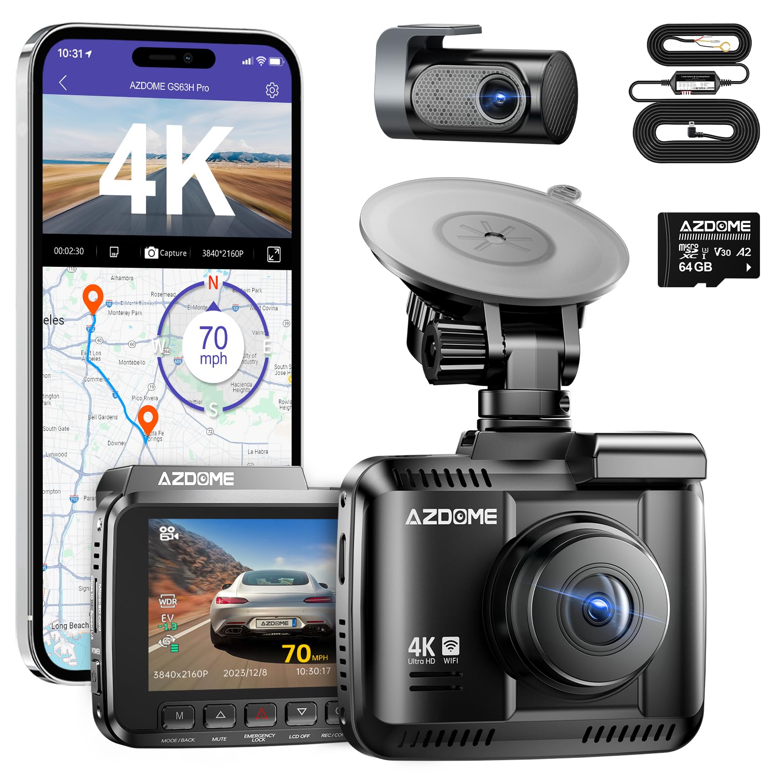 Amazon.com: AZDOME WiFi 4K Dash Cam Front and Rear with 3-Lead USB
