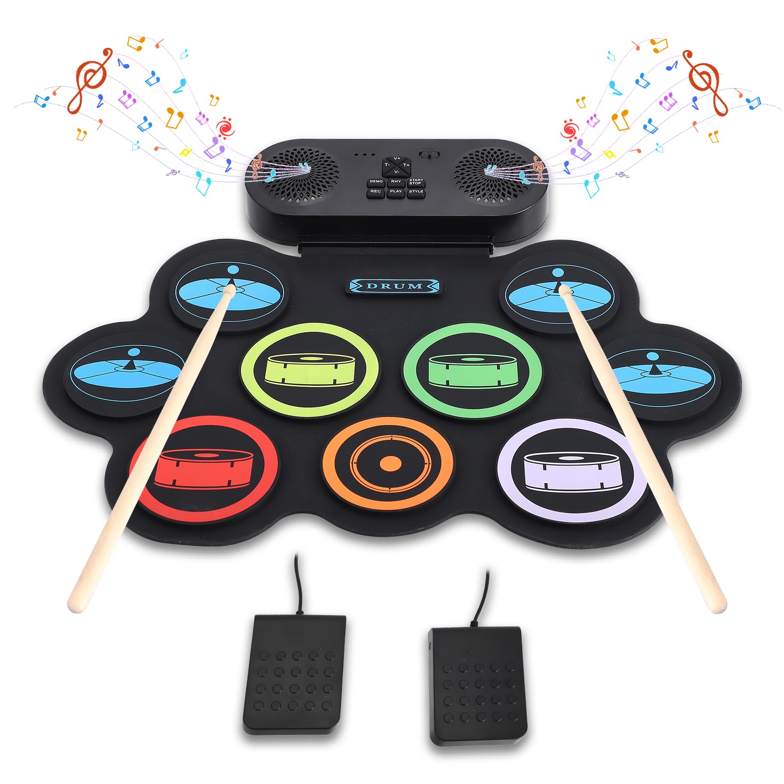 Kinder Schlagzeug Elektronisch mit 9 Pads,2 Stereolautsprecher,E-drum Set pocket drum，Elektronisches Schlagzeug E Drums mit 2 Fußpedalen & USB Wiederaufladbar für Kinder und Anfänger