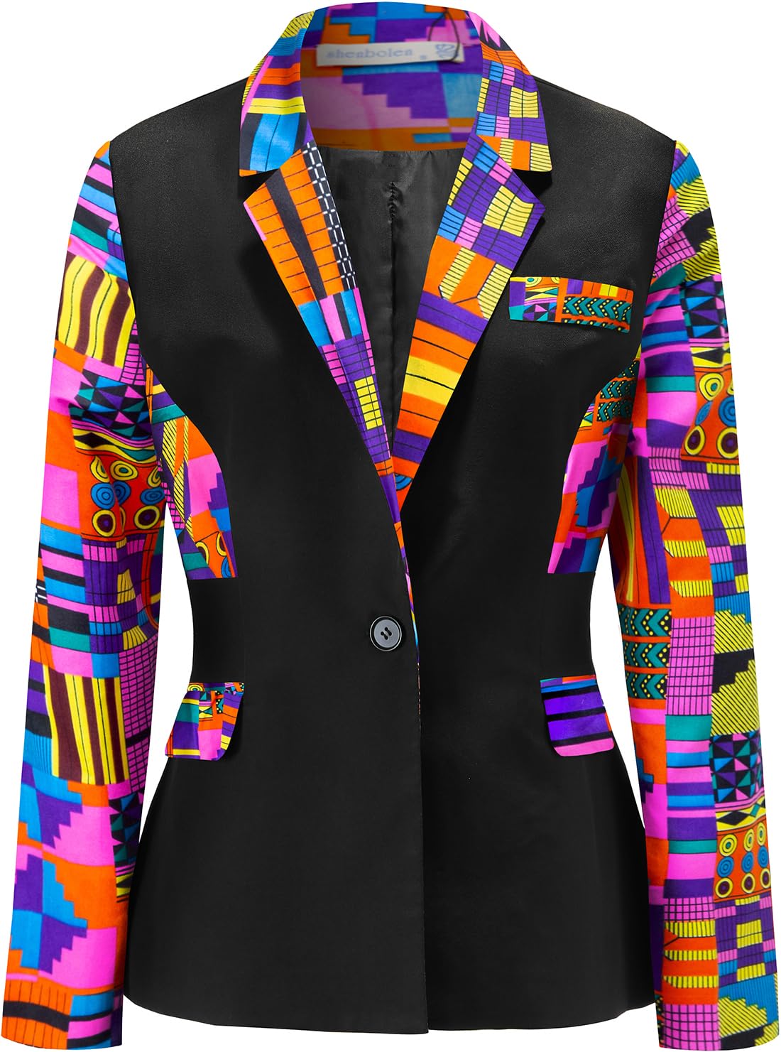Women African Print Coat Notched Lapel Pocket Blazer Jacket