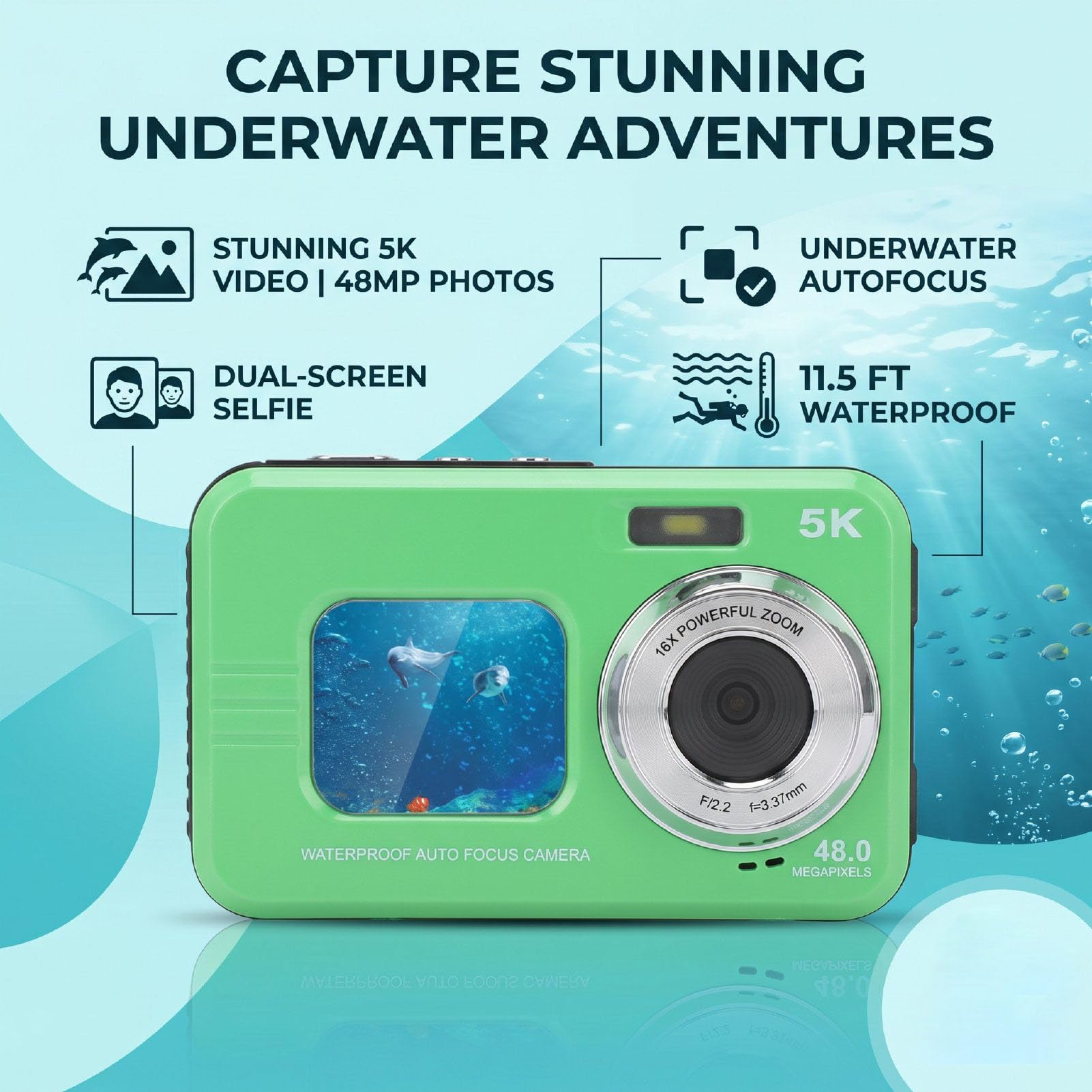 Fabater Cámara Subacuática, Cámara Digital Impermeable 5K 48MP 11.5FT con Tarjeta de 32GB, Enfoque Automático, Pantalla Dual Selfie, Zoom Digital 16X, Luz de Relleno para Snorkel (Green)
