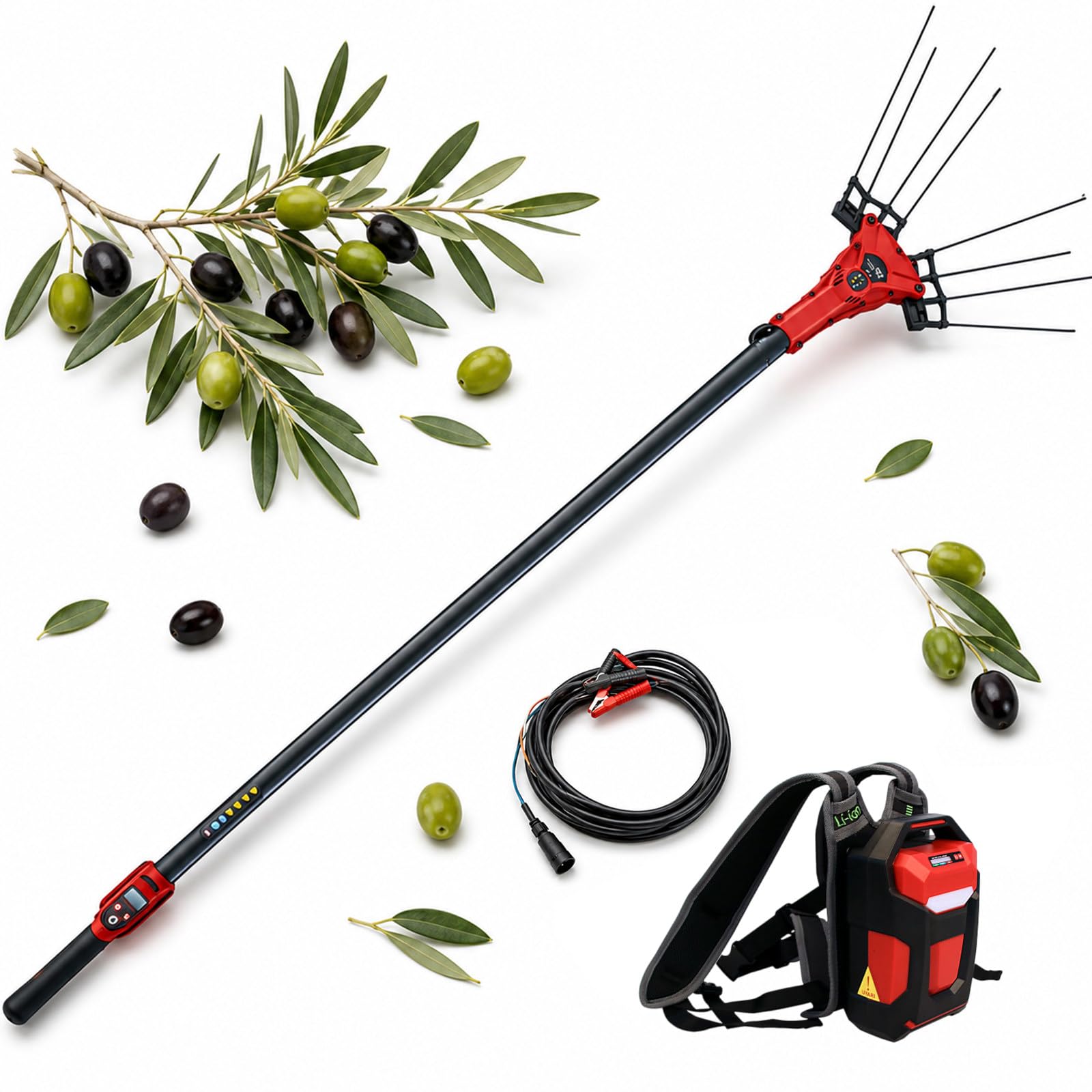 Vibrador De Aceitunas Eléctrico, Cosechadora De Aceitunas Con Pértiga Telescópica 175-270 cm, Potencia 250W/600W, 6 Velocidades, Pantalla LED Y Cable 10m Para Olivares 250W-withBattery