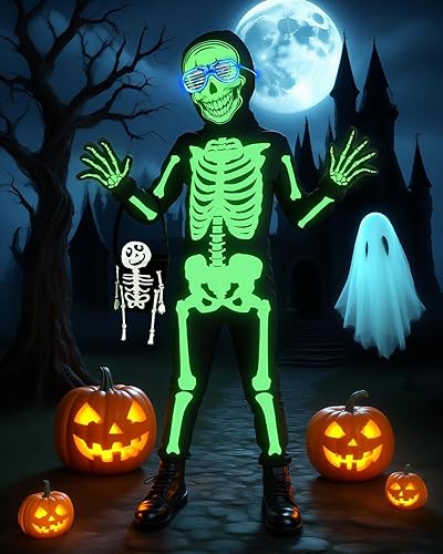 Miniatura 2 de Disfraz de esqueleto de Halloween, overol de huesos que brilla en la oscuridad con máscara y guantes para edades de 3 a 12 años (negro)