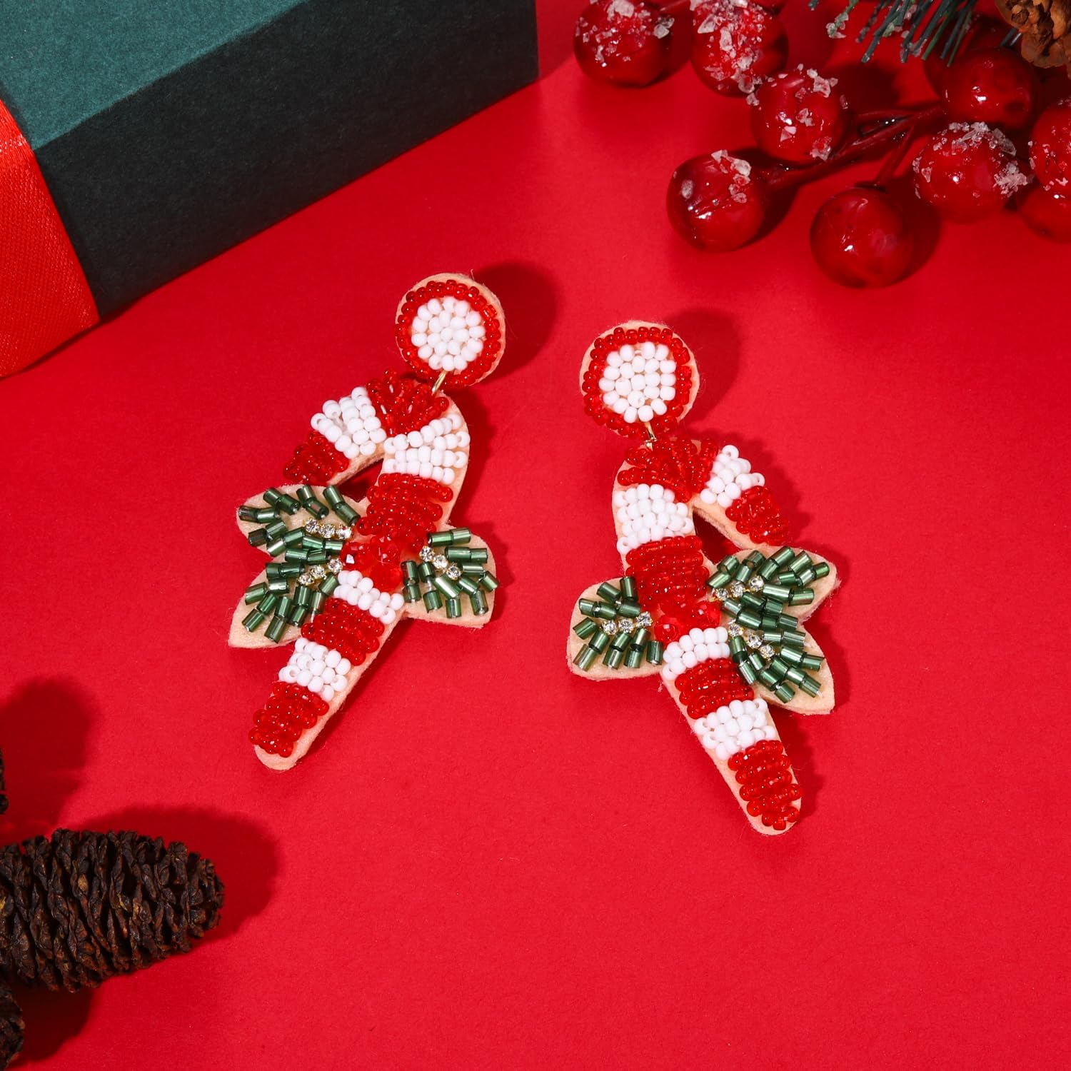 Christmas Earrings Beaded Xmas Bow Earring for Women Handmade Red Green Holiday Bow Drop Dangle Earrings Festive Jewelry Gifts - Image 3