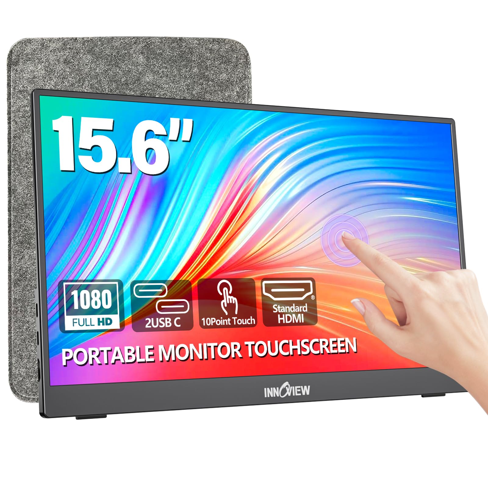 InnoView Portable Monitor Touchscreen 15.6" 1080P 10-Point Touch Screen Monitors Portable with Protective Sleeve Built-in Stand, 1200:1 HDMI USB C Travel Monitor for Laptop, PC, Mac, Phone, Switch