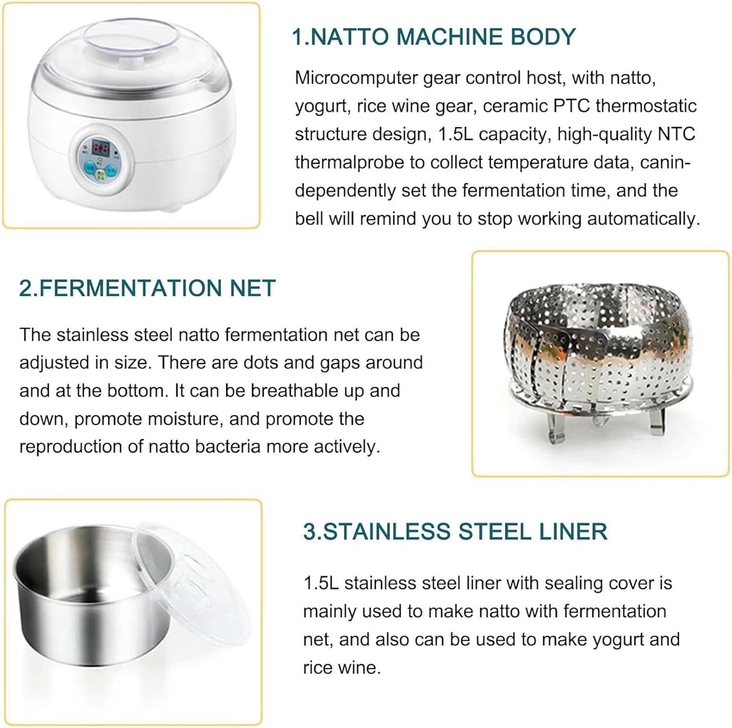 Electric Natto Rice Wine Fermentation Machine Constant Temperature Control Yogurt Maker with 1.5L Stainless Steel Container