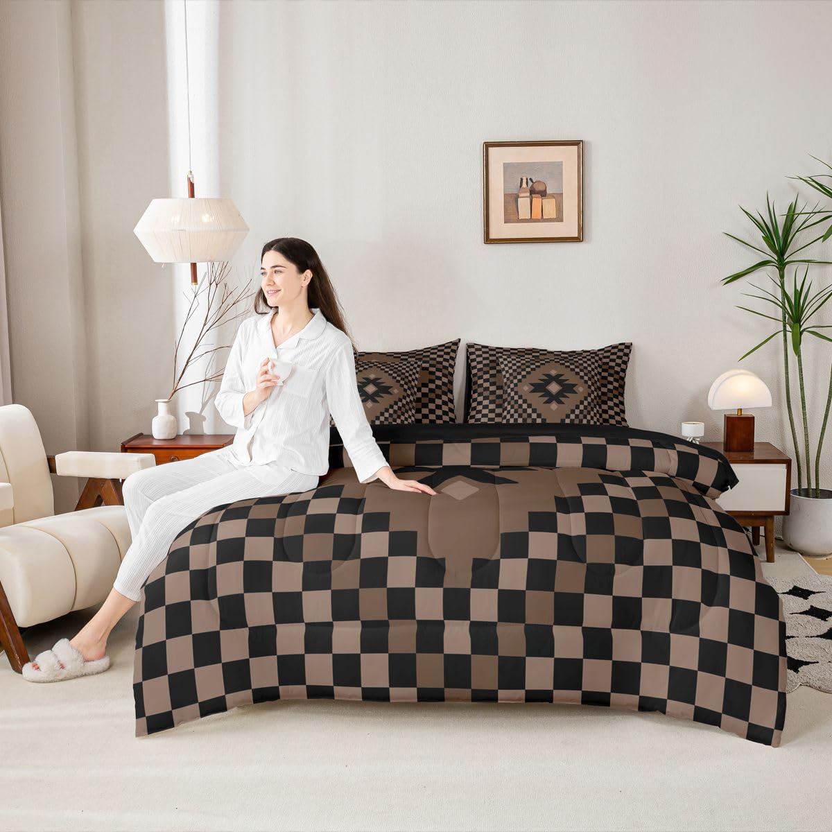 Feelyou Aztec Comforter Set with Sheets 7 Piece Queen Size Brown Black Checkered Bedding Set for Kids Boys Girls Boho Western Decor Bed in a Bag Farmhouse Room Decor Soft Lightweight Microfiber