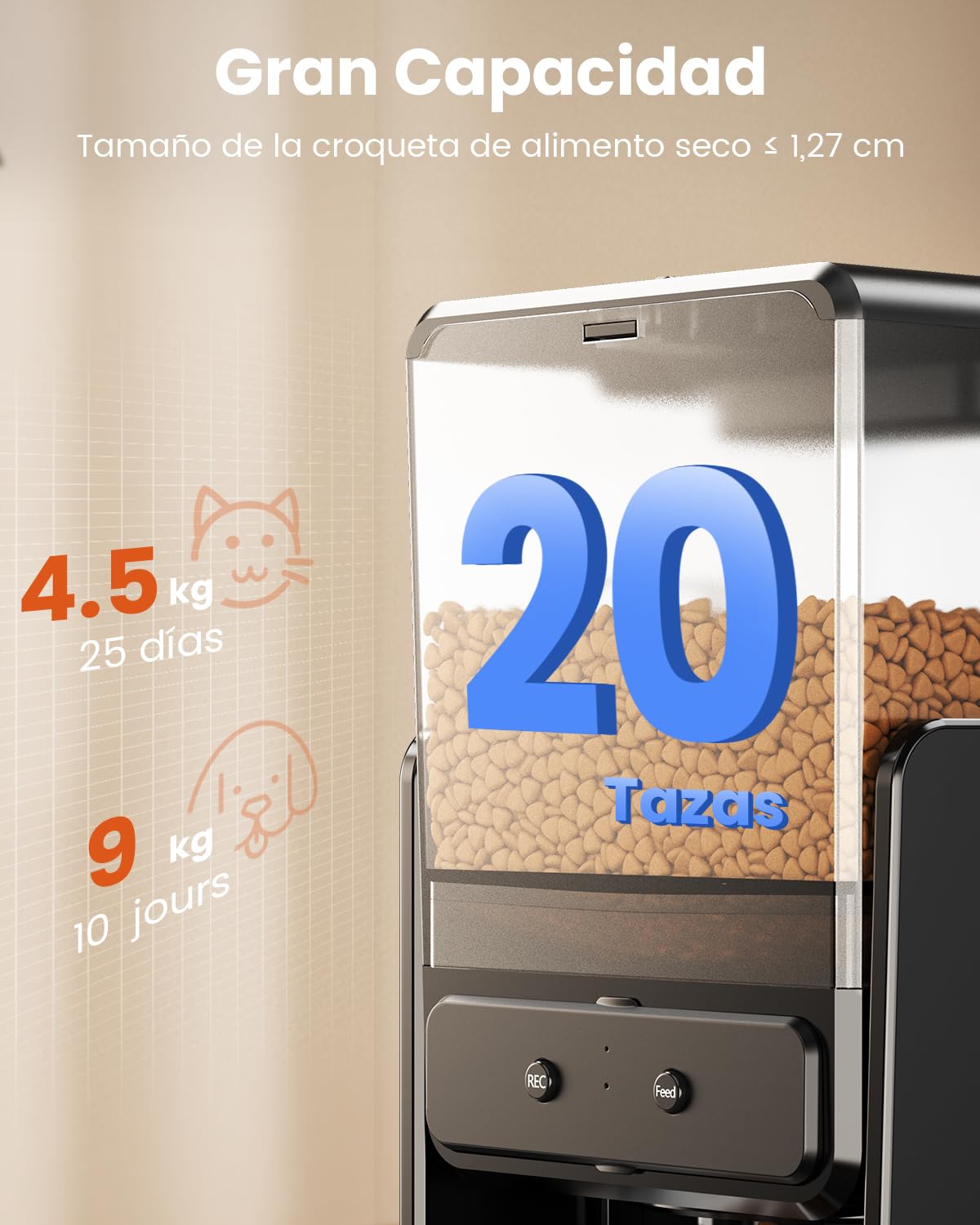 Comedero Gato Automatico con Control App para 2 Gatos, Altura Ajustable para Mascotas Pequeñas, Dispensador Comida Gatos de 5 litros para Alimento Seco, Grabadora de Voz