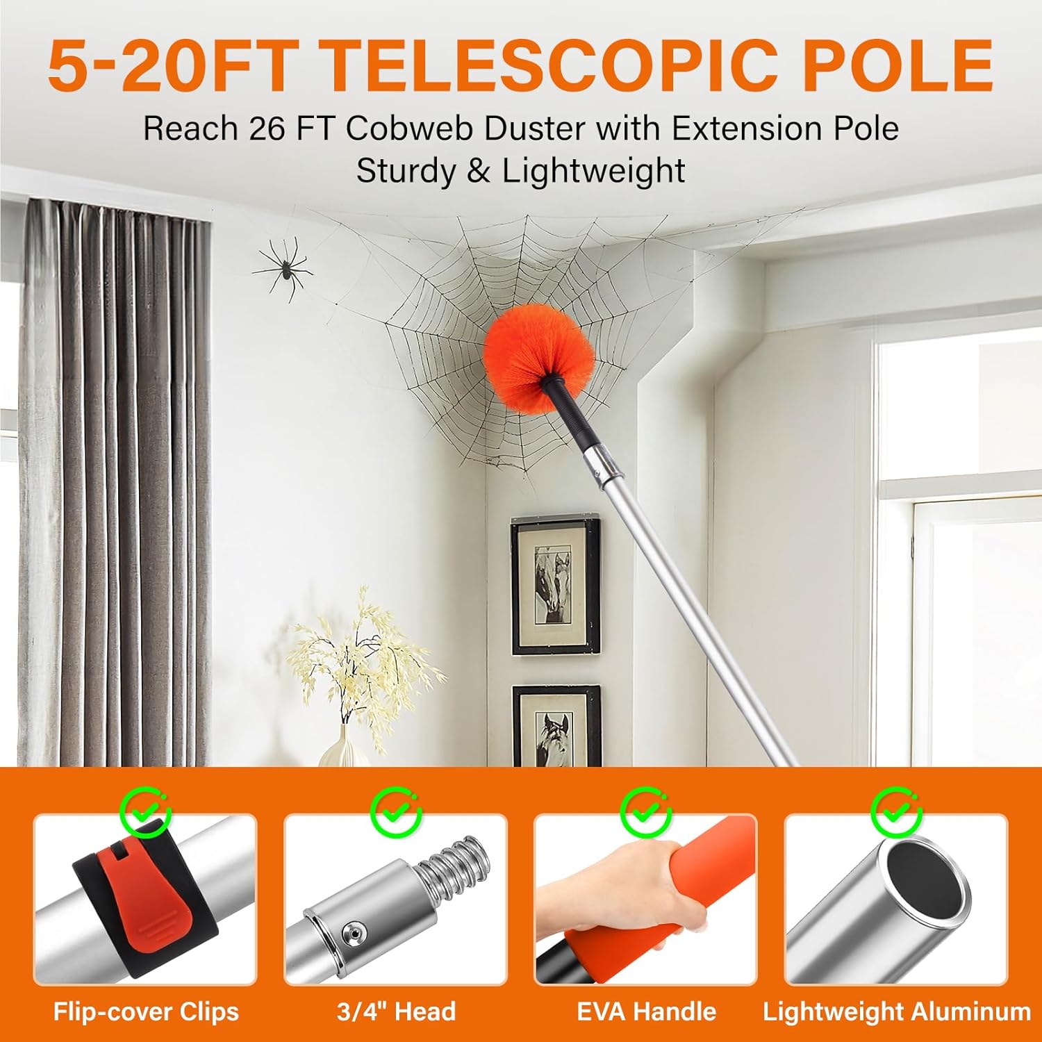 Feather Dusters,Cobweb Duster with 5-20FT Extension Pole | Spider Web for Outdoor & Indoor Web Cleaning | Soft Bristle | Lightweight Extendable Handle | 3/4" Standard Acme Threaded Fits Cleaner Tool