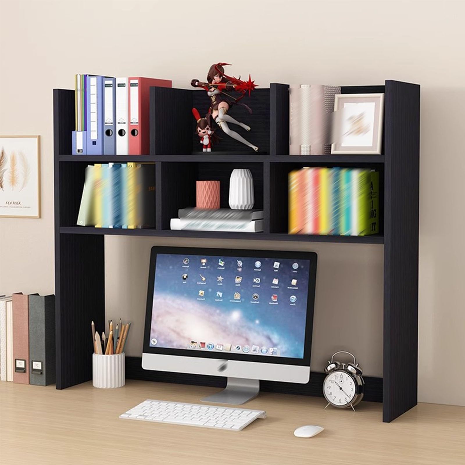 Biurkowa Regał na Biurko, nadstawka na biurko z 4 półkami, dwupoziomowy stojak ekspozycyjny, wielofunkcyjny drewniany organizer na biurko do domowego biura(Black,80cm)