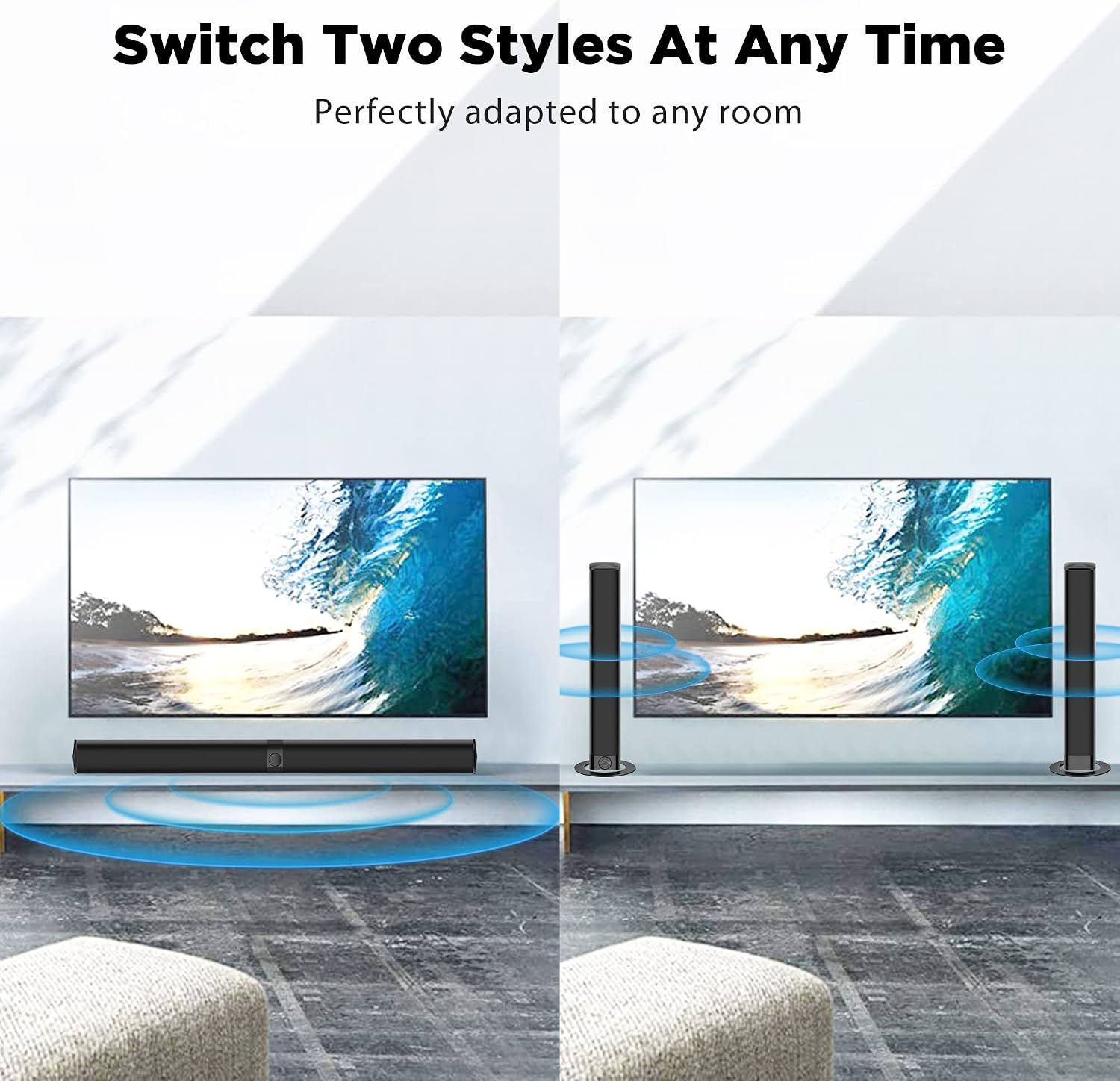 60W Center Channel Speaker for Home Theater, Bluetooth 5.0 Wireless & Wired Sound Bar Alternative, 3 EQ Modes, HDMI ARC/Optical/AUX, Detachable 2-in-1 Surround Speaker for TV