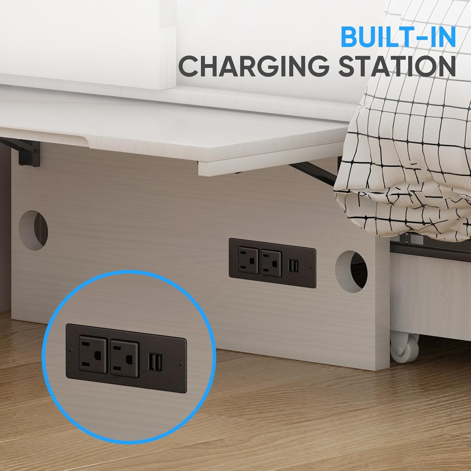 PUREMIND Queen Murphy Bed Cabinet, Murphy Bed with Mattress Included, Storage Drawer, Built-in Charging Station, Solid Wood Space-Saving Wallbed Hideaway Beds for Guest Room