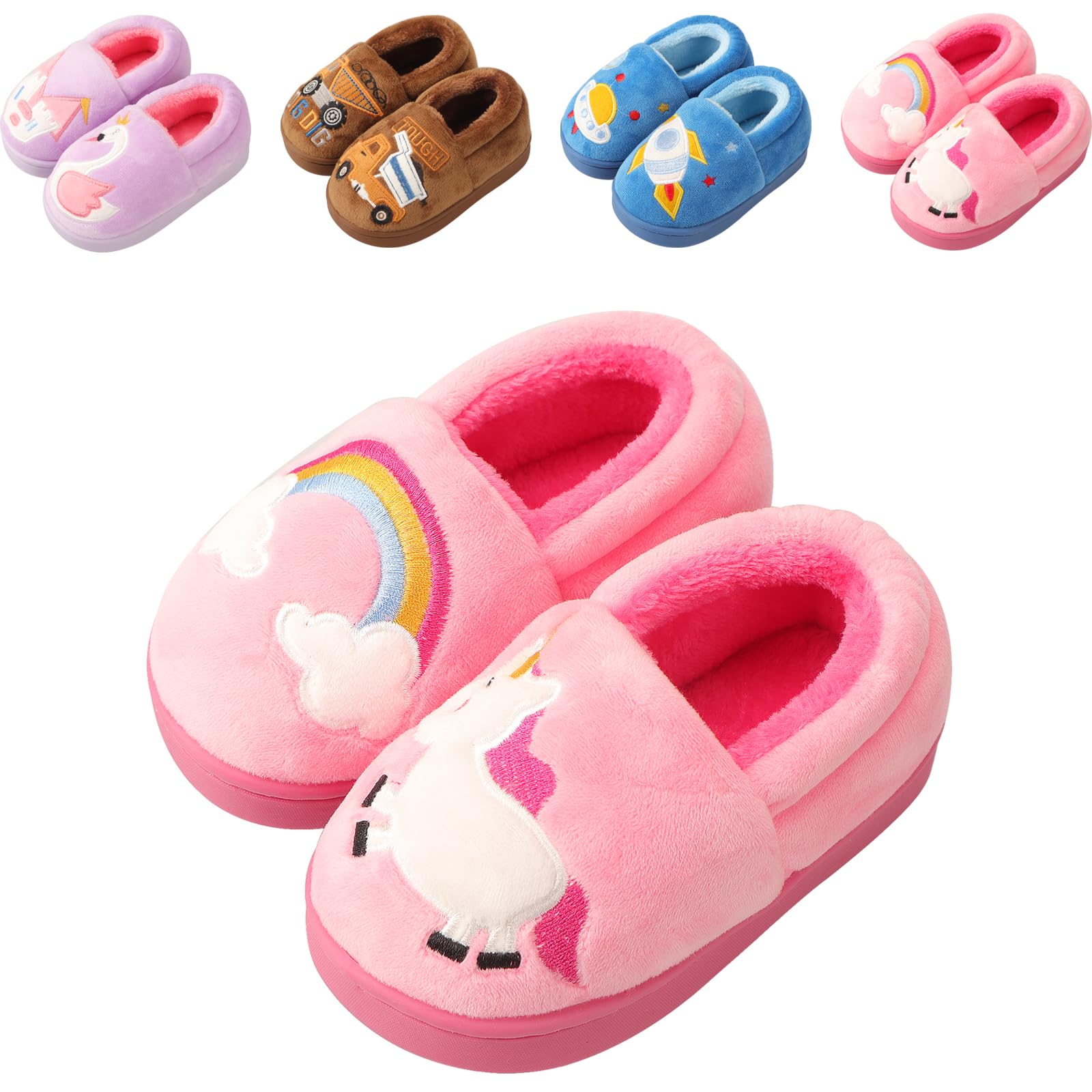 OWIF Toddler Slippers Boys Girls Kids Truck House Slippers Non-slip Cute Warm Soft Fuzzy Indoor Children Winter Toddler Shoes