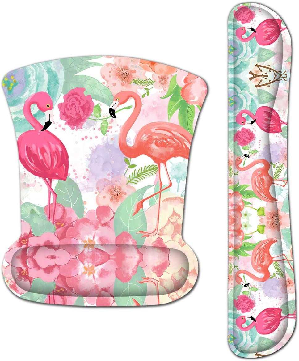 Ergonomic Keyboard Wrist Rest Pad and Mouse Pad Wrist Support Set with Non-Slip Backing Memory Form-Filled, Easy-Typing and Pain Relief for Gaming Office Computer Laptop (Pink Two Flamingos)