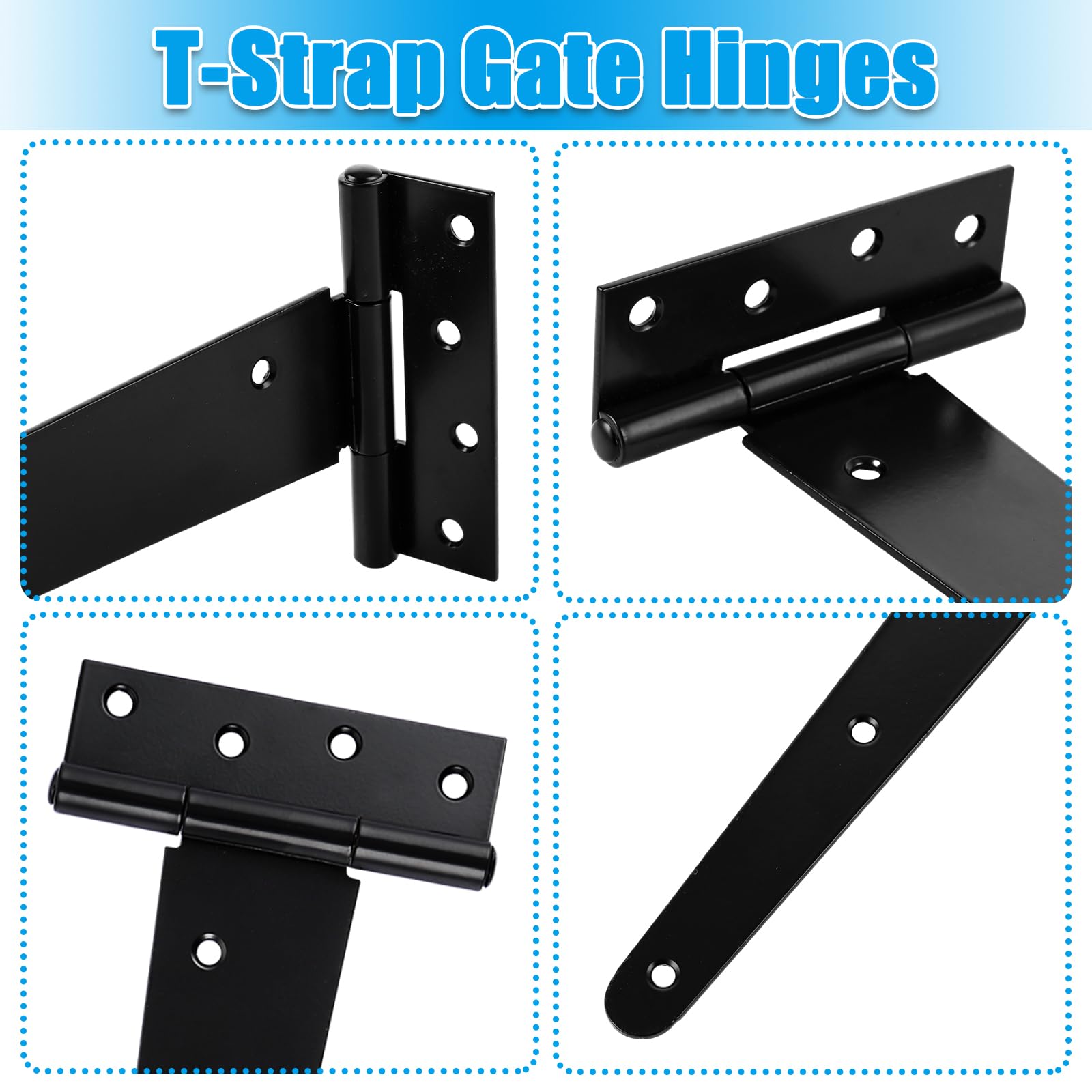 MIVIDE Juego de 4 bisagras en forma de T, color negro, 400 mm, con recubrimiento en T, bisagras en T, resistentes con tornillos, para puertas de cobertizo, puertas de jardín, ventanas, puertas de