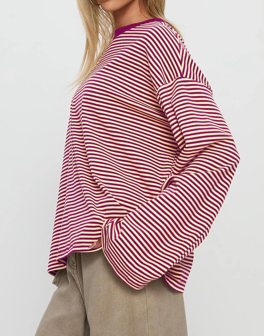 Lacozy Womens Striped Sweatshirt Oversized Crew Neck Color Block Long Sleeve Shirt Loose Fit Tops Fall Fashion - Image 2